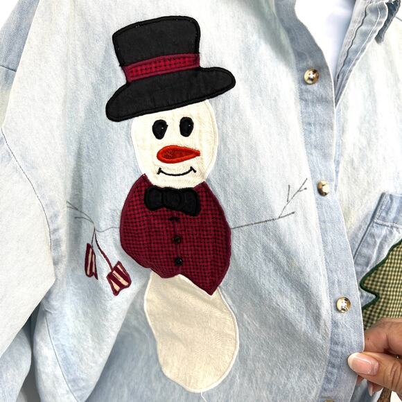 Crystal Springs Vintage Chambray Holiday Applique Denim Button Up Shirt Size S - Picture 3 of 9